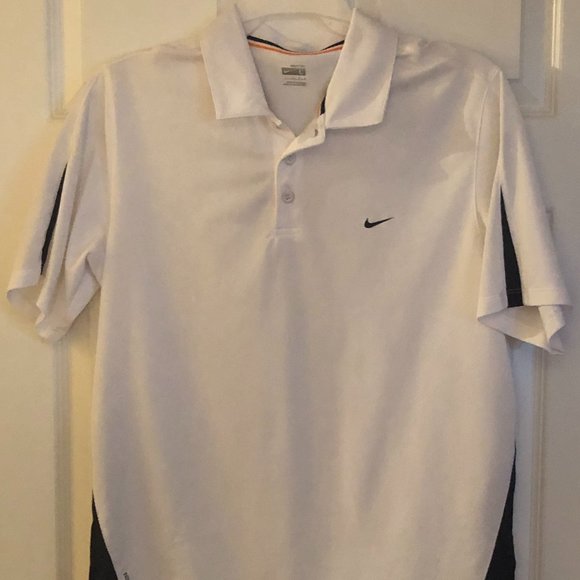 Men's Nike Fit Polo. White with stylish blue side and sleeve plagues. Size L - Picture 1 of 8
